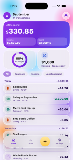 Spendy home screen showing this month's spending