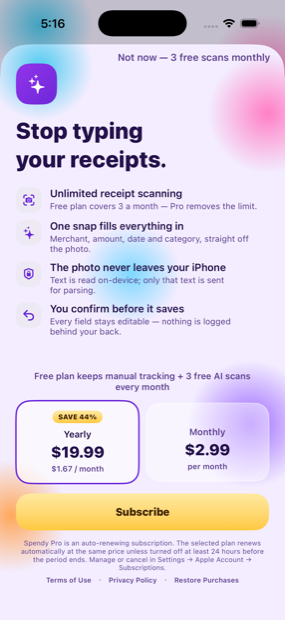 Spendy Pro subscription screen